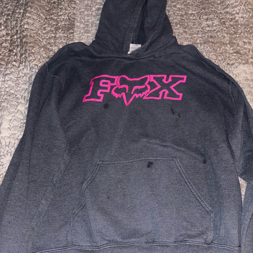 Fox Charcoal Hoodie with Vibrant Pink Emblem